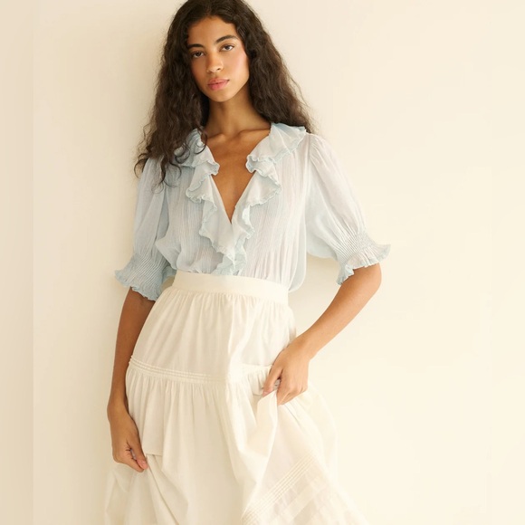 Doen Tops - Doen NWT Medium Henri Ruffle Cotton Blouse in Alice Blue